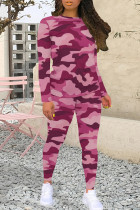 Purple Casual Camouflage Print Patchwork O Neck Long Sleeve Two Pieces