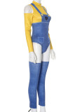 Yellow And Blue Sexy Heart Shaped Hollow Out Buttons Patchwork Contrast Turtleneck Long Sleeve Two Pieces