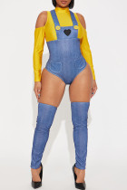 Yellow And Blue Sexy Heart Shaped Hollow Out Buttons Patchwork Contrast Turtleneck Long Sleeve Two Pieces