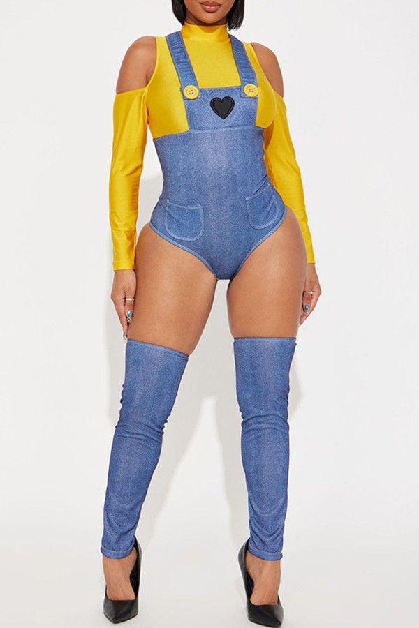 Yellow And Blue Sexy Heart Shaped Hollow Out Buttons Patchwork Contrast Turtleneck Long Sleeve Two Pieces
