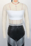White Sexy Solid Color Patchwork See-Through O Neck Tops
