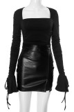 Black Casual Solid Color Draw String Patchwork Slit Square Neck Long Sleeve Two Pieces