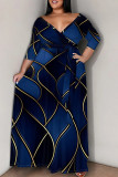 Gold Casual Print Patchwork Strap Design V Neck Long Plus Size Dresses
