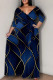 Dark Blue Casual Print Patchwork Strap Design V Neck Long Plus Size Dresses