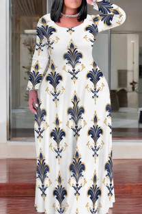 White Casual Print Patchwork O Neck Long Plus Size Dresses