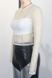 White Sexy Solid Color Patchwork See-Through O Neck Tops