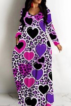 Purple Casual Print Basic V Neck Long Dresses
