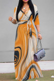 Orange Casual Geometric Print Lace Up Contrast V Neck Printed Dresses