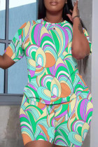 Grass Green Casual Print Basic O Neck Short Sleeve Two Pieces