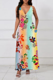 Yellow Sexy Floral Print Contrast V Neck Sling Dresses