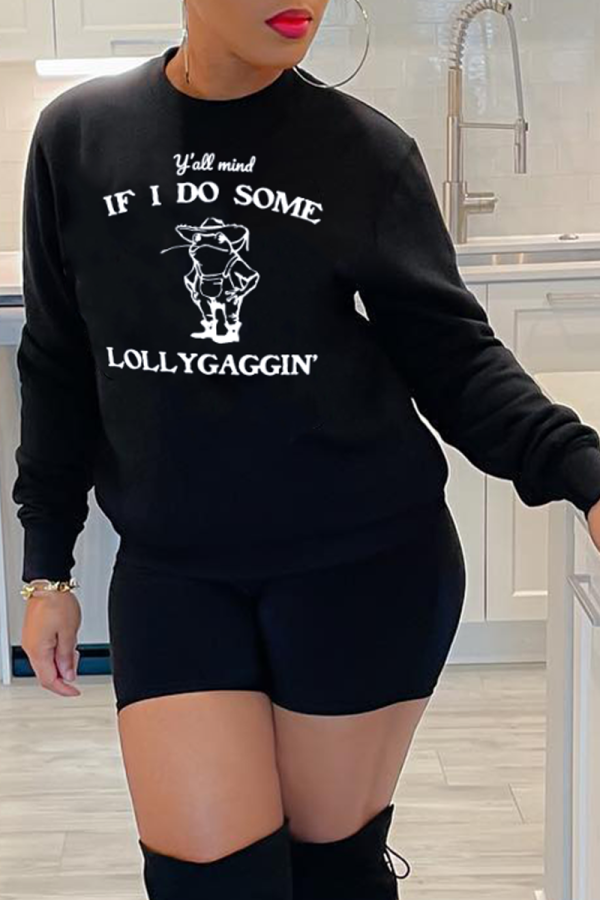 Black Casual Cartoon Print Letters O Neck Tops
