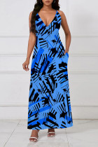 Blue Sexy Floral Print Contrast V Neck Sling Dresses