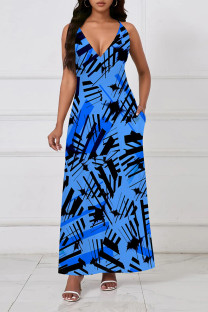 Blue Sexy Floral Print Contrast V Neck Sling Dresses