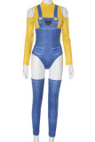 Yellow And Blue Sexy Heart Shaped Hollow Out Buttons Patchwork Contrast Turtleneck Long Sleeve Two Pieces