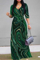 Green Casual Geometric Print Lace Up Contrast V Neck Printed Dresses