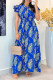 Blue Casual Leaf Print Lace Up Long Dresses