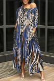Blue Casual Print Pocket Patchwork Oblique Collar Irregular Dresses