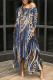 Blue Gray Casual Print Pocket Patchwork Oblique Collar Irregular Dresses
