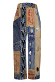 Blue Casual Faux Denim Print Pocket Contrast Loose High Waist Wide Leg Full Print Bottoms
