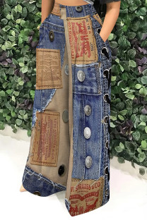 Multicolor Casual Faux Denim Print Pocket Contrast Loose High Waist Wide Leg Full Print Bottoms