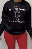 Black Casual Cartoon Print Letters O Neck Tops