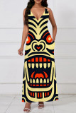 Multicolor Casual Print Pocket Patchwork V Neck Long Dresses