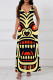 Yellow Red Casual Print Pocket Patchwork V Neck Long Dresses