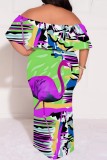 Blue Casual Print Patchwork Off Shoulder Long Plus Size Dresses