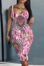 Pink Casual Print Basic U Neck Vest Dresses