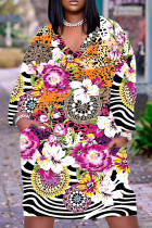 Fuchsia Casual Floral Print Basic V Neck Long Sleeve Plus Size Dresses