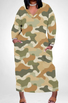 Khaki Casual Camouflage Print Pocket Patchwork V Neck Straight Plus Size Dresses