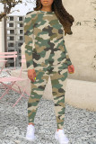 Dark Green Casual Camouflage Print Patchwork O Neck Long Sleeve Two Pieces