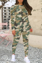 Green Casual Camouflage Print Patchwork O Neck Long Sleeve Two Pieces