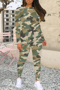 Green Casual Camouflage Print Patchwork O Neck Long Sleeve Two Pieces