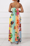 Yellow Sexy Floral Print Contrast V Neck Sling Dresses