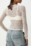 White Sexy Solid Color Patchwork See-Through O Neck Tops