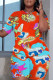 Red Casual Print Basic O Neck Short Sleeve Two Pieces
