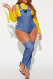 Yellow And Blue Sexy Heart Shaped Hollow Out Buttons Patchwork Contrast Turtleneck Long Sleeve Two Pieces