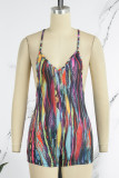 Rust Red Sexy Print Backless Spaghetti Strap Skinny Romper