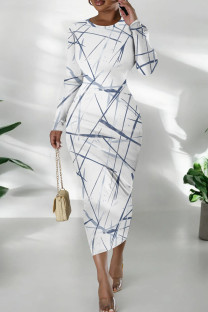 White Daily Print Patchwork O Neck Wrapped Skirt Dresses