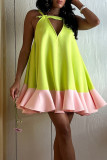 Green Casual Patchwork Hollow Out Contrast V Neck A Line Dresses