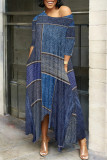 Colorful Blue Casual Street Faux Denim Print Pocket Irregular Contrast O Neck Irregular Dresses