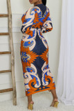 Blue Casual Print Slit Ruched Deep V Neck Long Sleeve Dresses