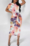 White Daily Elegant Geometric Print Flowers Gradient Contrast O Neck Printed Short Sleeve Dress