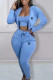 Light Blue Casual Letter Print Lace Up Zipper Hooded Long Sleeve Three Pieces
