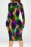 Grey Red Casual Geometric Print Contrast V Neck Printed Dresses