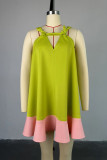 Green Casual Patchwork Hollow Out Contrast V Neck A Line Dresses