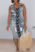 Medium Blue Sexy Faux Denim Print Contrast V Neck Printed Dresses