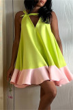 Green Casual Patchwork Hollow Out Contrast V Neck A Line Dresses