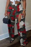 Orange Casual Camouflage Print Hollowed Out Patchwork Straight Mid Waist Conventional Full Print Trousers